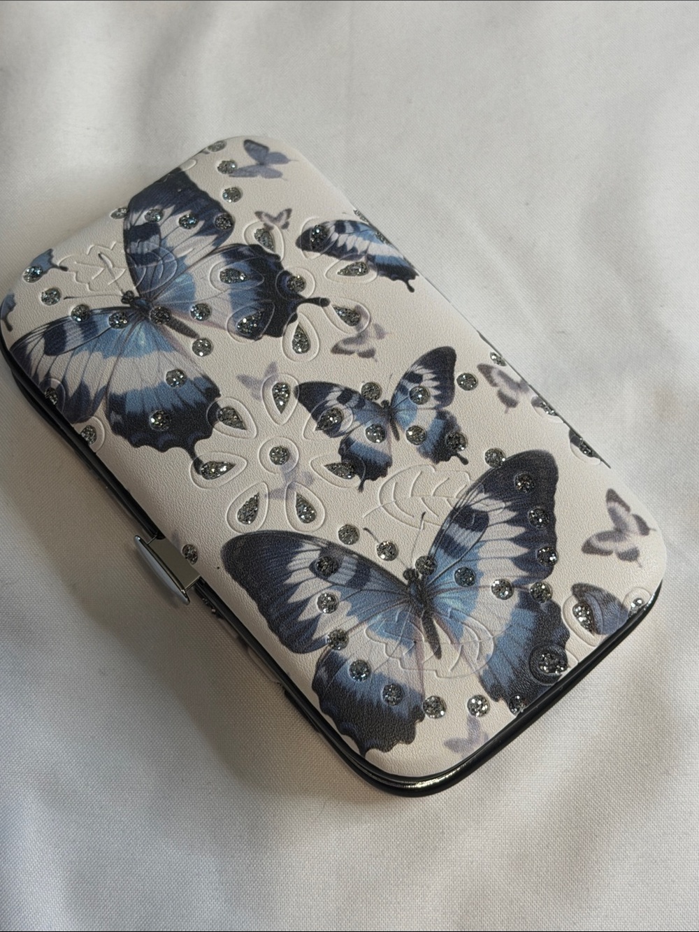 Butterfly-Print Clutch Wallet in Blue & White with Crystal Accents manicure set